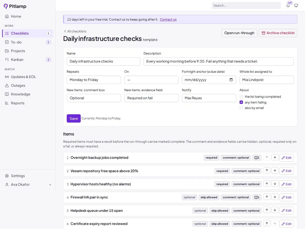 The checklist builder: items, cadence, required and optional flags
