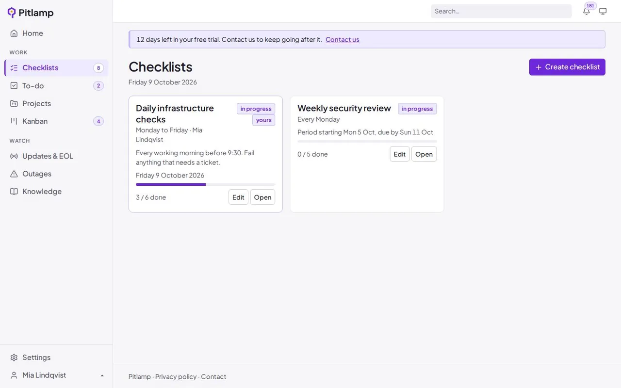 The checklists page listing each list with its progress for today