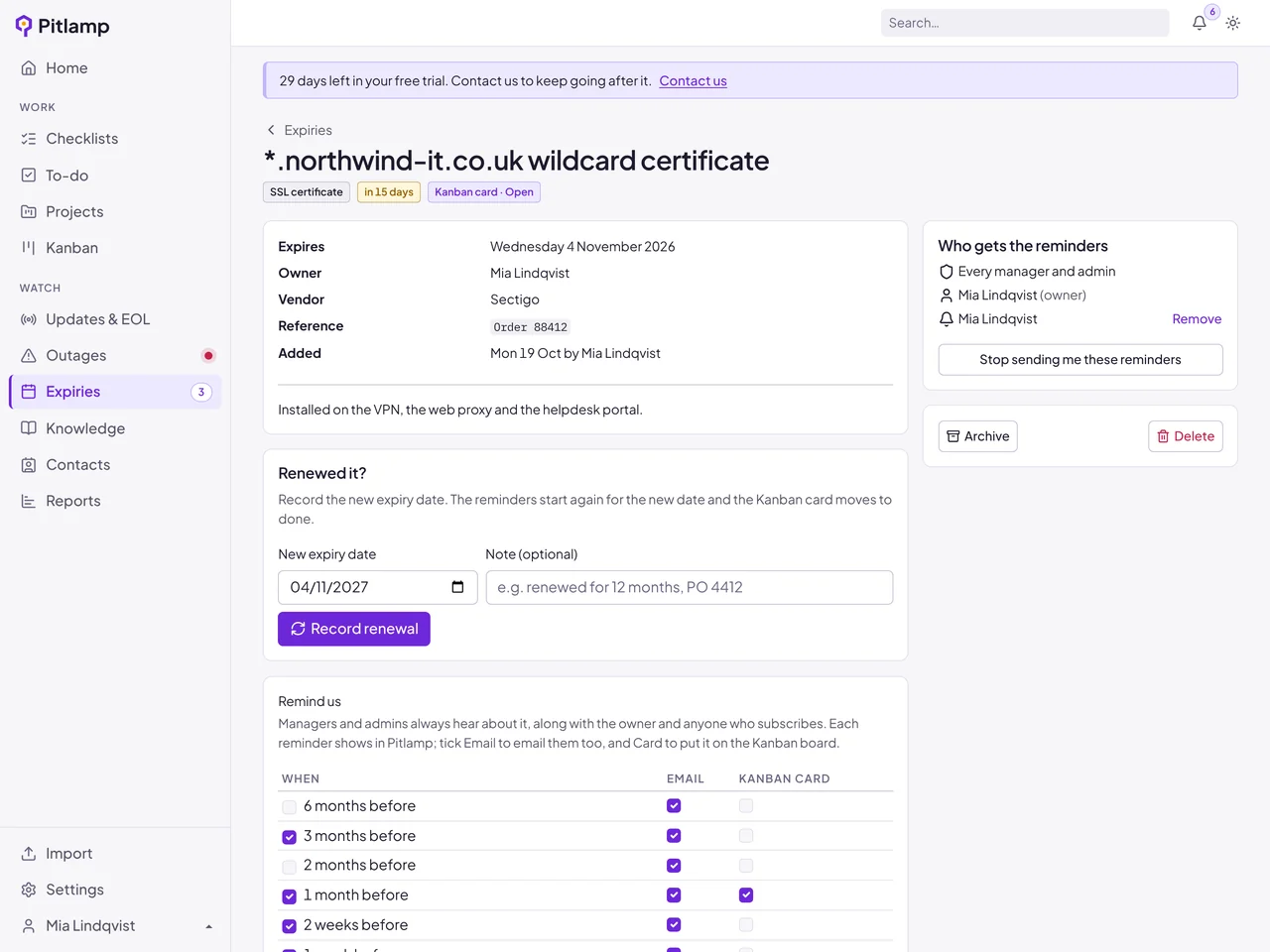 An expiry item in Pitlamp with its owner, subscribers and a Record renewal form