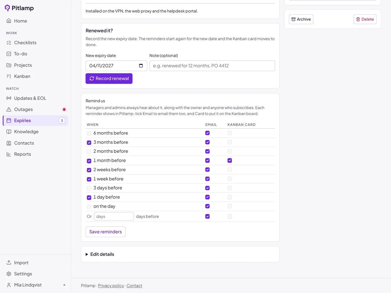 Choosing reminders for an expiry item: email or a Kanban card at each point