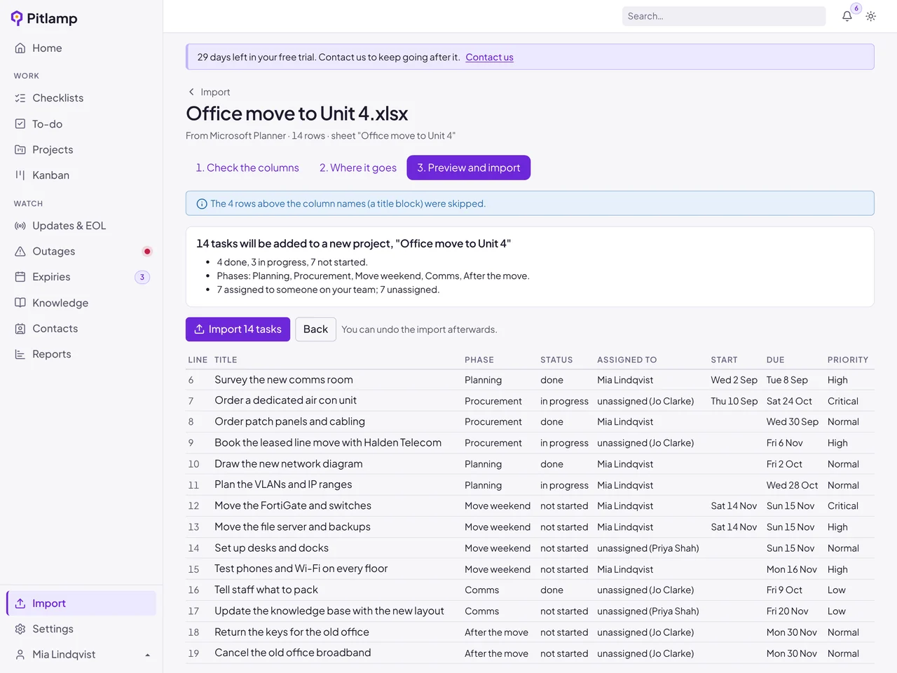 The import preview listing each task with its phase, status, owner and dates