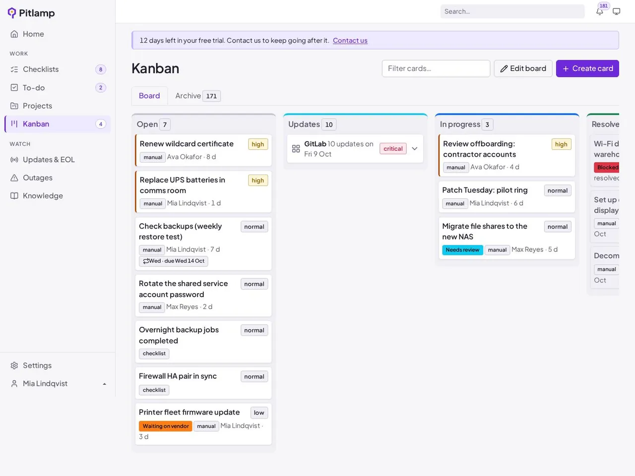 Pitlamp Kanban board with Open, Updates, In progress and Resolved columns
