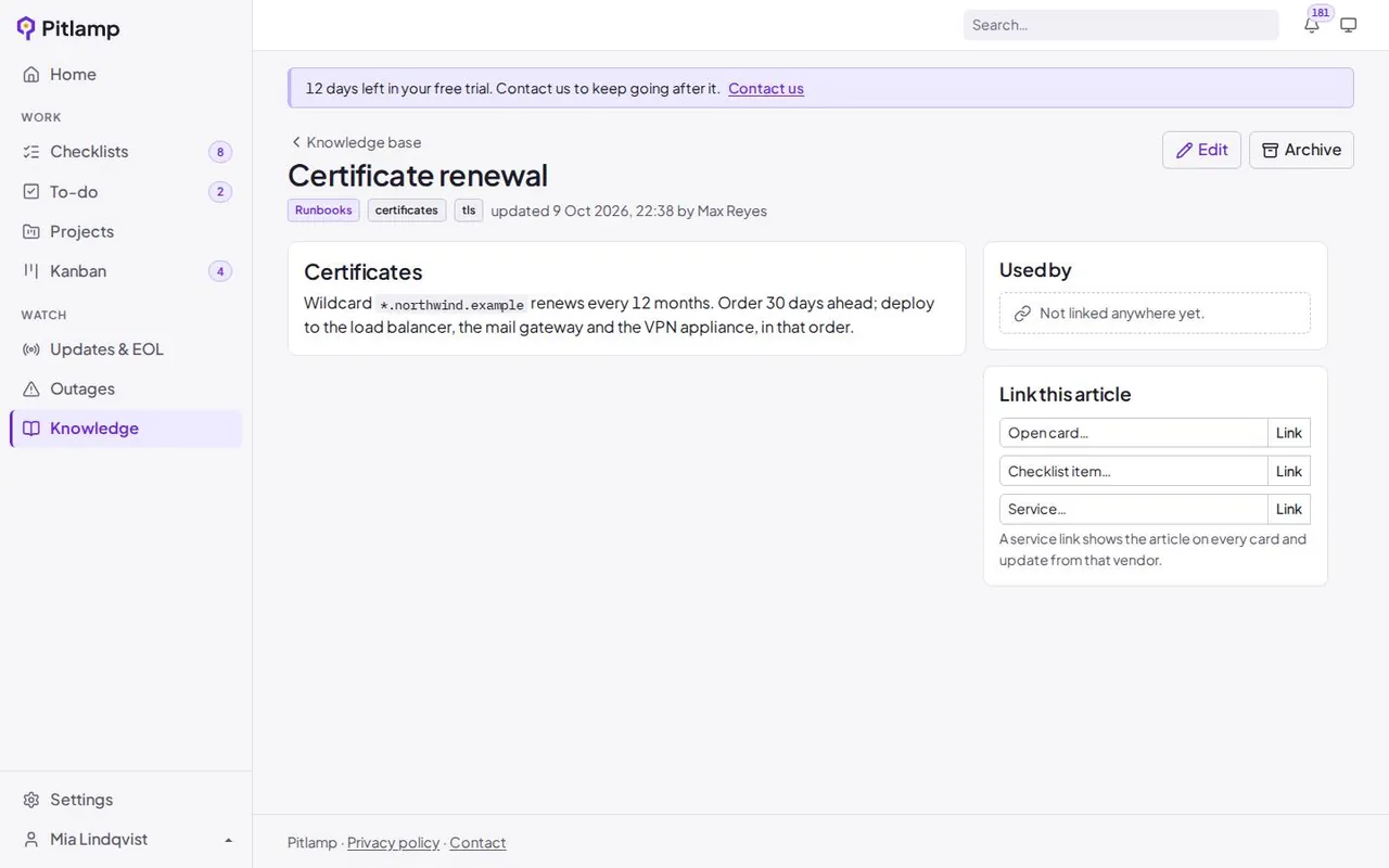 A runbook article in the Pitlamp knowledge base