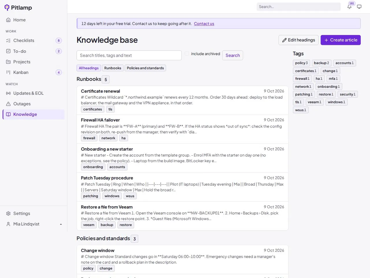 The knowledge base sections and articles list