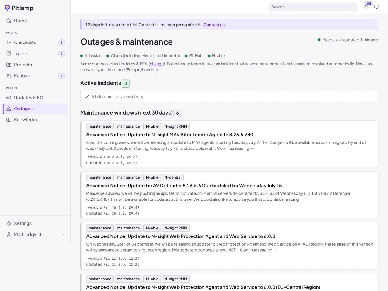 Vendor outages and maintenance windows for the services you follow