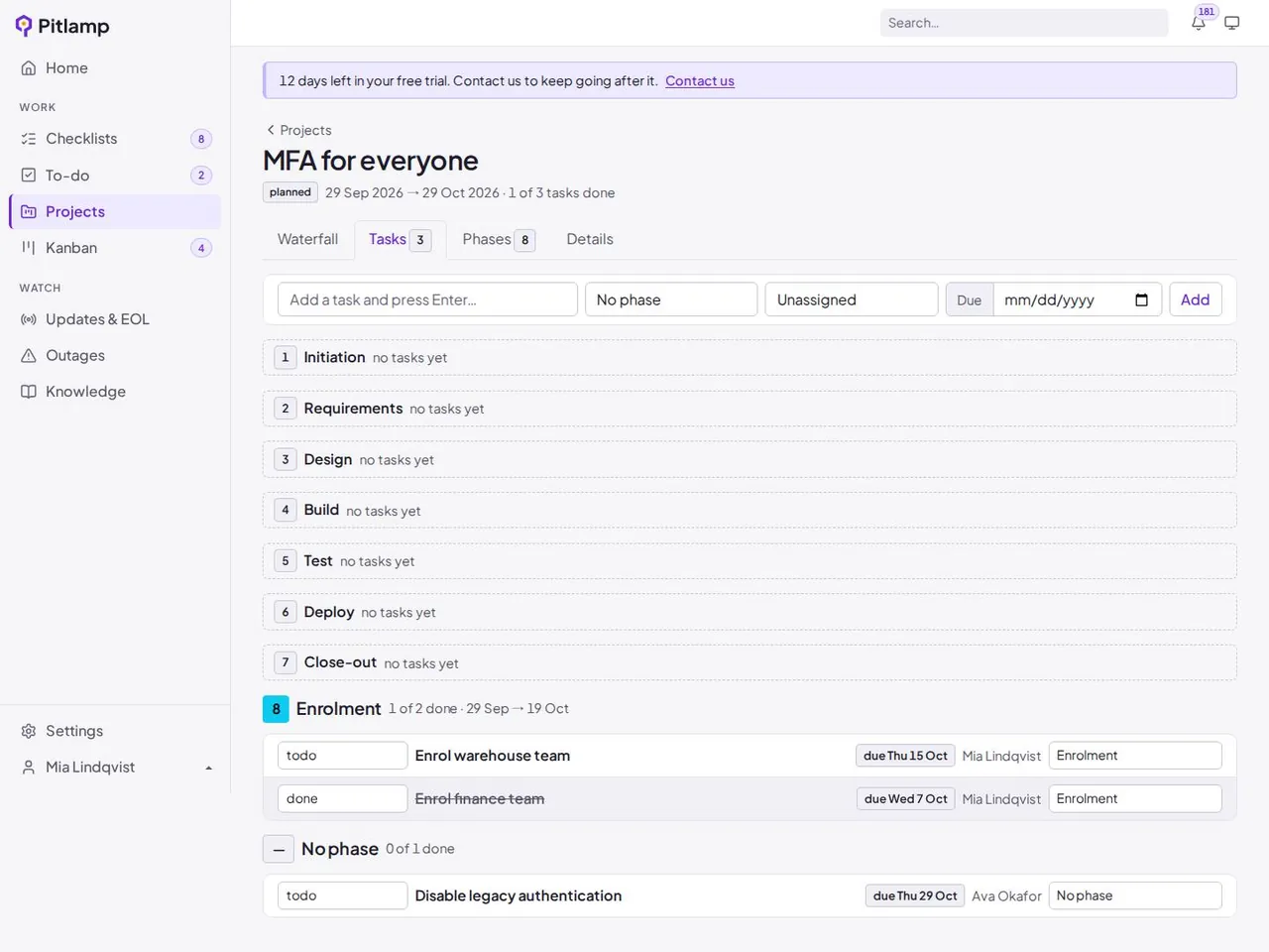 A project with phases and tasks in Pitlamp