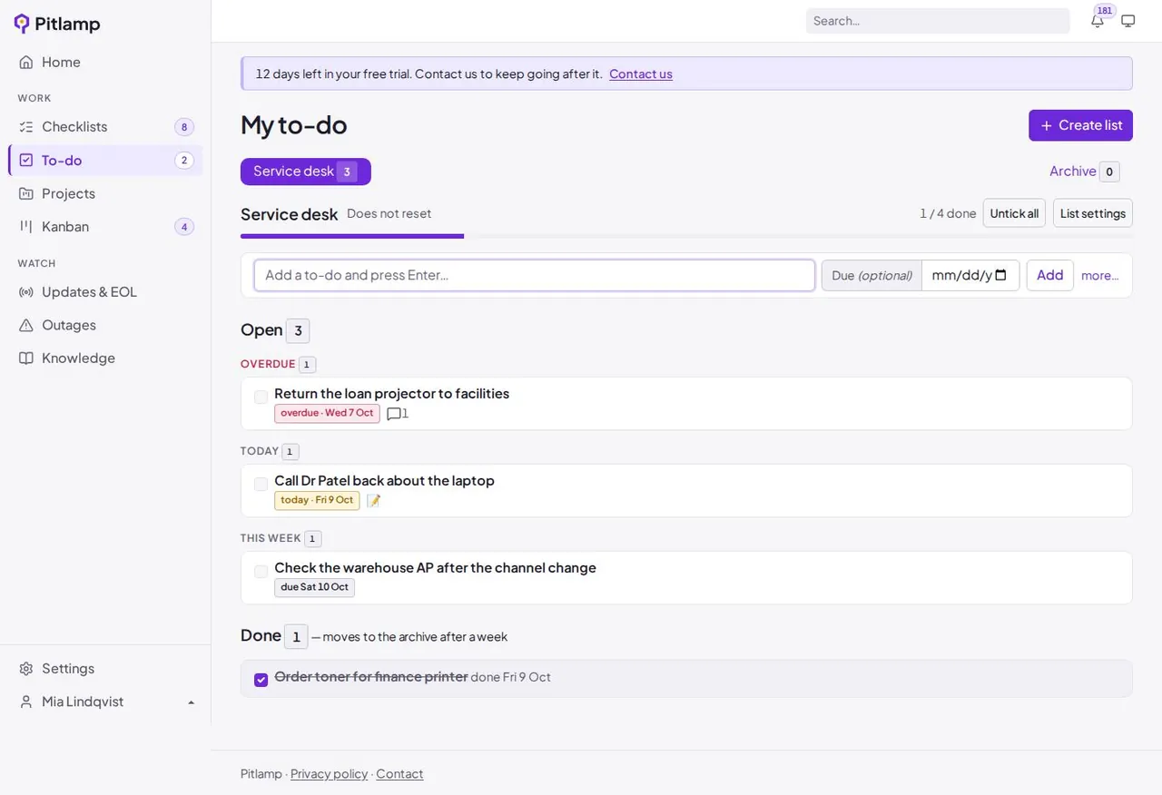 A personal to-do list in Pitlamp with due dates and recurring items