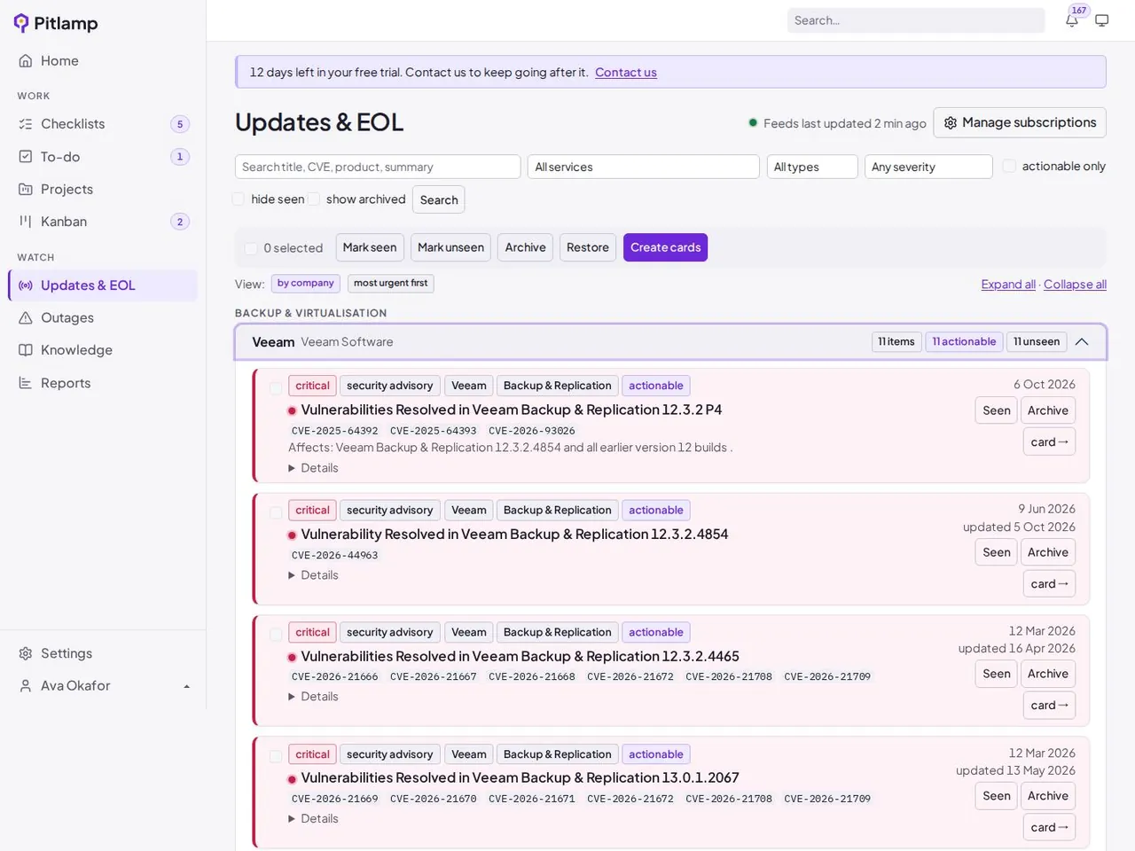 Security advisories with CVE identifiers, severity and affected versions