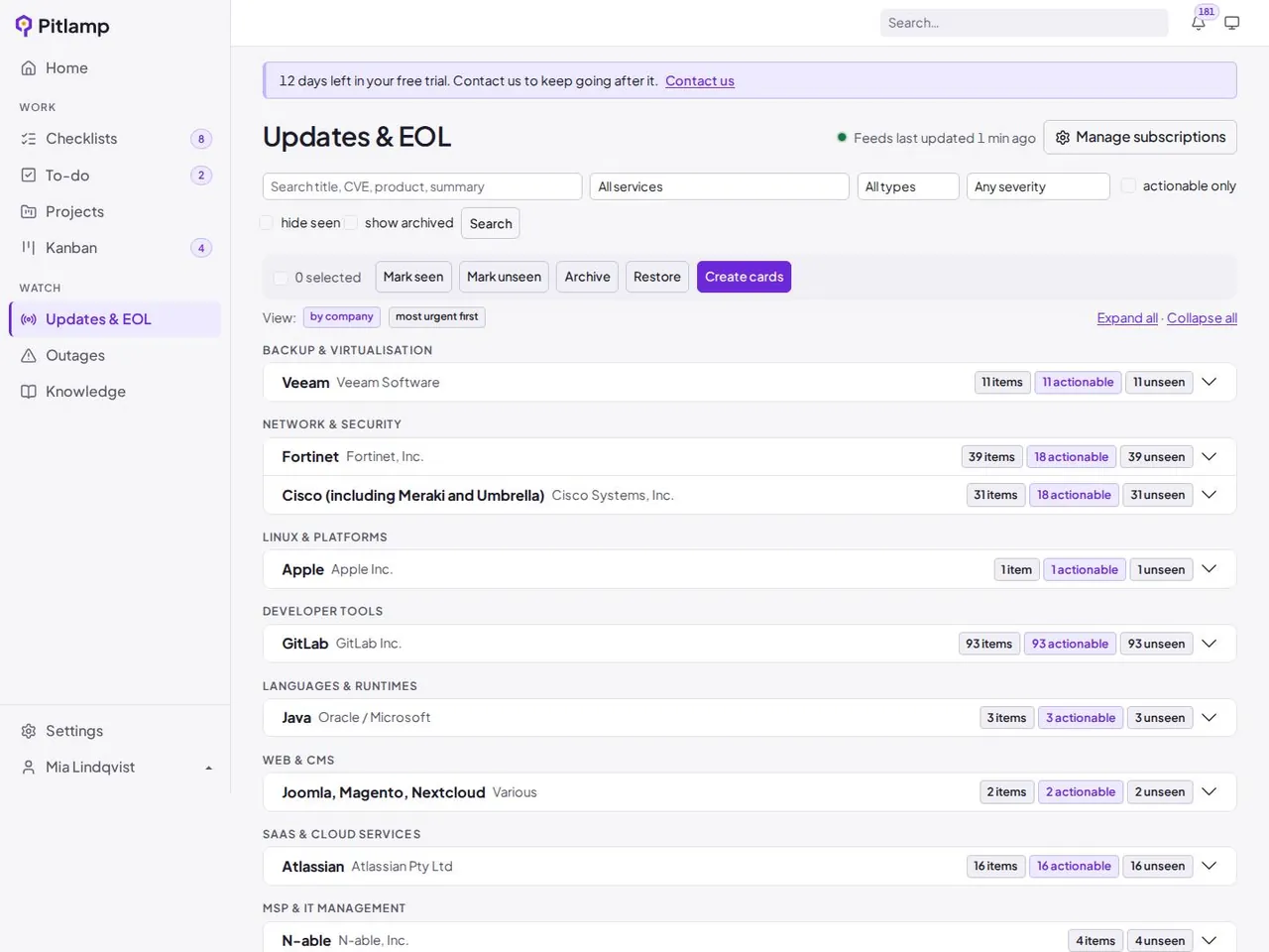 Updates & EOL page grouping security advisories and end-of-support dates by vendor, most urgent first